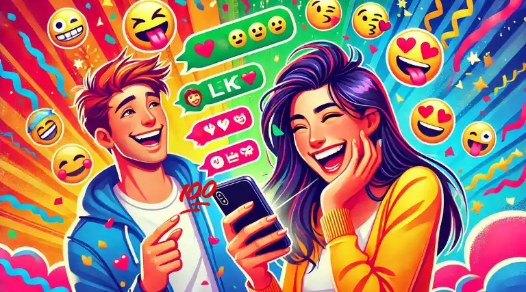 Deux personnes s'envoyant des textos avec de vibrantes réactions en emoji, y compris l'emoji 💯 qui occupe une place prépondérante.