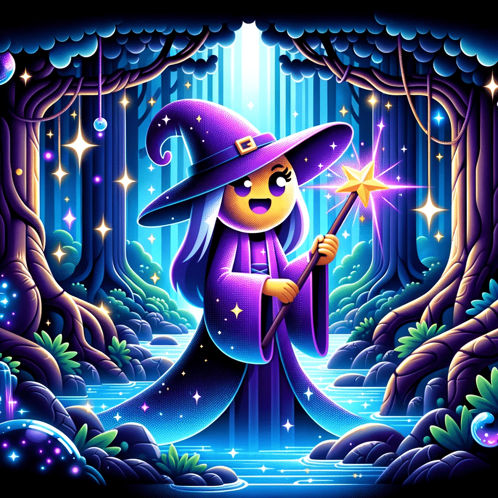 Witch emoji casting her spell in a magical forest