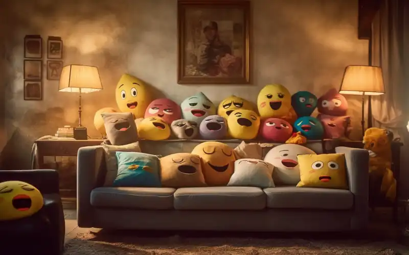 emoji pillows in a living room