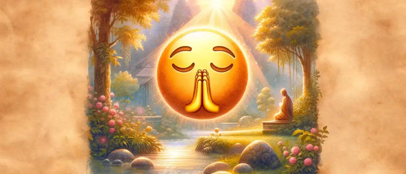 Emoji with praying hands peacefully praying in forest