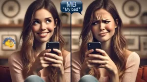 Split image of twin sisters texting 'mb' and her sister reacting with confusion.