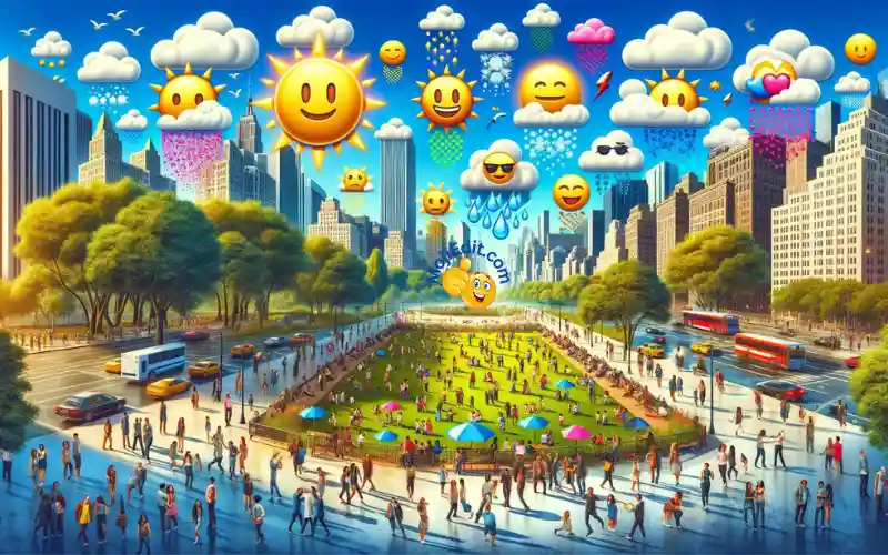 outdoor scene depicting many different weather emojis, from sun to snow