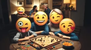 an Emoji Family enjoying game night