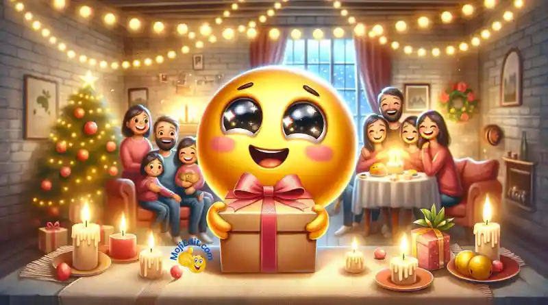 a party with an emoji girl receiving a gift