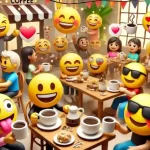 emojis drinking coffee at a coffee shop. the coffee emoji