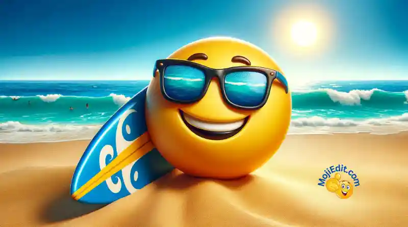a funny emoji on a beach with a surf board chilling out