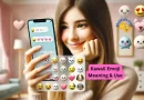 woman texting a fun kawaii emoji