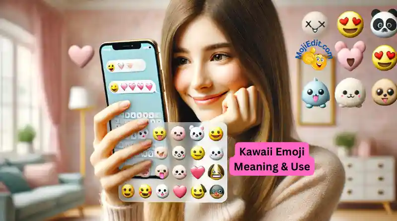 woman texting a fun kawaii emoji