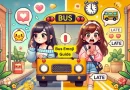 A split image with a worried girl on the left texting a surprised girl on the right a bus emoji 🚌, with elements like speech bubbles, a clock, and expressions of being late.