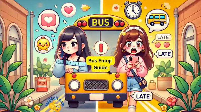 Uma imagem dividida com uma garota preocupada à esquerda enviando a uma garota surpresa à direita um emoji de ônibus 🚌, com elementos como balões de fala, um relógio e expressões de atraso.