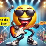 Emoji rockstar wearing a cool outfit and sunglasses, energetically playing an electric guitar on a stage with bright lights and a cheering crowd in the background.