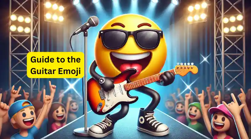 Emoji rockstar vestindo uma roupa descolada e óculos escuros, tocando energicamente uma guitarra elétrica em um palco com luzes brilhantes e uma multidão aplaudindo ao fundo.