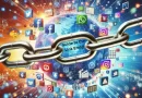 A vibrant digital world with a large metallic link chain in the center, intertwined with colorful social media icons, websites, documents, and multimedia files.