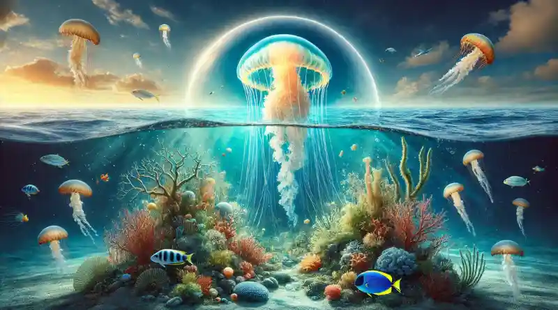 Photo-realistic underwater scene with a glowing jellyfish, surrounded by diverse marine life and a peaceful ocean backdrop.