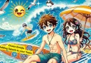 Anime-style beach scene with characters enjoying the ocean, with added emojis