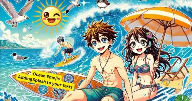 Anime-style beach scene with characters enjoying the ocean, with added emojis