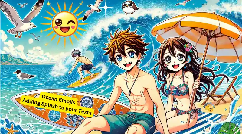 Escena de playa de estilo anime con personajes disfrutando del océano, con emojis añadidos