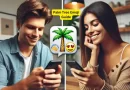 Joven enviando un emoji de palmera a su novia, que lee el texto y sonríe, en un ambiente moderno e informal.