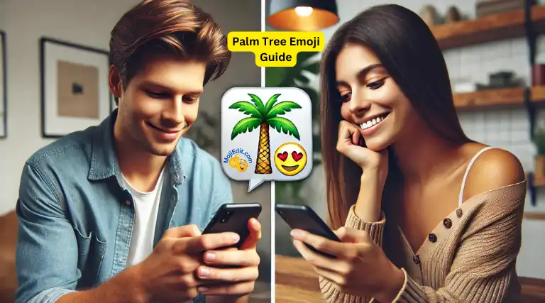 Um jovem envia uma mensagem de texto com um emoji de palmeira para sua namorada, que lê a mensagem e sorri, em um ambiente moderno e casual.