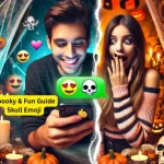 Split image with a Halloween theme showing a young man texting a skull emoji 💀 to his girlfriend, who reacts with surprise and amusement on her iPhone.