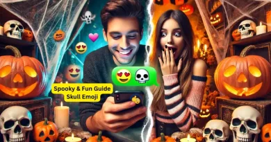 Split image with a Halloween theme showing a young man texting a skull emoji 💀 to his girlfriend, who reacts with surprise and amusement on her iPhone.