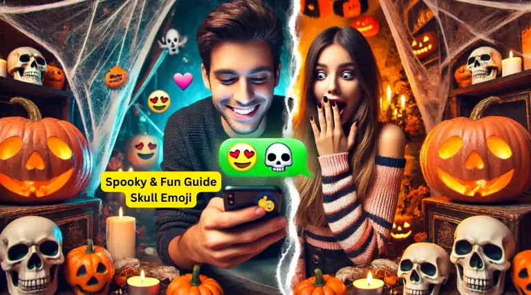 Split image with a Halloween theme showing a young man texting a skull emoji 💀 to his girlfriend, who reacts with surprise and amusement on her iPhone.