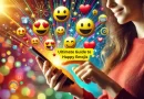 A vibrant photo-realistic image of a person using a smartphone, surrounded by happy emojis like 😀, 😃, 😄, and 😁