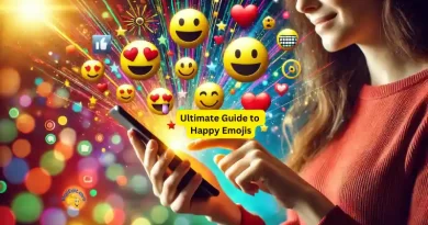 A vibrant photo-realistic image of a person using a smartphone, surrounded by happy emojis like 😀, 😃, 😄, and 😁