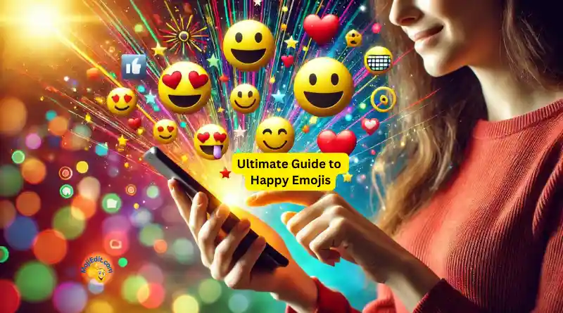 Una vibrante imagen fotorrealista de una persona usando un smartphone, rodeada de emojis felices como 😀, 😃, 😄 y 😁.