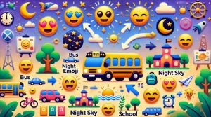 Ein farbenfrohes Bild, das verschiedene Emoji-Kombinationen mit dem Bus-Emoji zeigt, darunter eine Landkarte, ein Nachthimmel, eine Schule und Natursymbole, deren Bedeutung durch Pfeile hervorgehoben wird