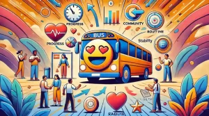 A colorful image showing a bus emoji surrounded by symbols like arrows, hearts, a clock, and people interacting, representing progress, community, routine, and stability.