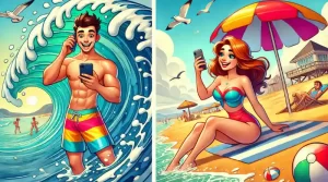 Illustration of a young man and his girlfriend at the beach, both texting.