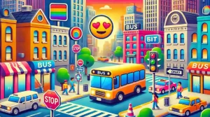 Um emoji de ônibus pegando pessoas. 