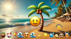 Palm tree emoji with hammock, sunset, and footsteps emojis on a tranquil beach with gentle waves and a serene sky.