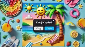 Una escena con un botón de copia, un emoji de palmera y un mensaje de confirmación, con emojis de sol, olas y bebidas tropicales de fondo.