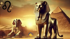 Ancient Egyptian lioness statue symbolizing the goddess Sekhmet, with pyramids and a golden sunset sky in the background