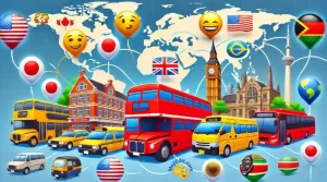 Uma imagem colorida que mostra o ônibus vermelho de dois andares de Londres, o ônibus escolar amarelo americano, o ônibus urbano japonês e o matatu africano, em um mapa-múndi com linhas de viagem pontilhadas.