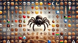 Image photo-réaliste montrant l'emoji araignée 🕷 dans un contexte de communication numérique moderne avec des messages texte, des messages sur les médias sociaux et des icônes de courrier électronique, illustrant l'évolution de l'expression numérique.