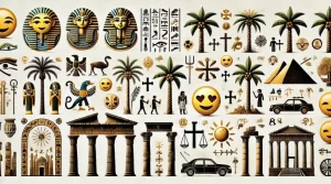 Emoji de palmera con jeroglíficos, columnas romanas y símbolos cristianos que representan su significado histórico y cultural.