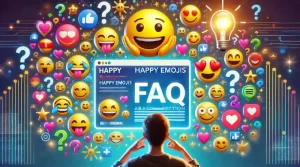 A vibrant image showing a person looking at a screen with various happy emojis like 😀, 😍, and 🤗, with question marks and lightbulbs in the background.