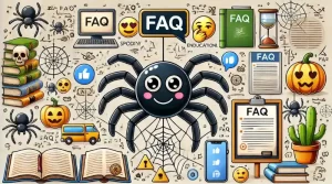 Illustration of the spider emoji 🕷 in a fun and educational context with books, a chalkboard, and digital screens, showing its use in FAQs. The background mixes spooky and informative elements to make it engaging and educational.