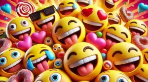 A vibrant photo-realistic image showing close-ups of different grinning emojis like 😀, 😃, 😄, and 😁.