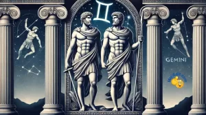 Castor and Pollux, the twin brothers of Greek mythology, standing side by side with ancient Greek architecture in the background.