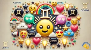 Una serie de creativas combinaciones de emoji de Géminis, que incluyen estrellas, globos sonoros, corazones y bombillas dispuestas de forma divertida.