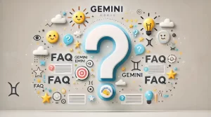 Un gran signo de interrogación en el centro rodeado por el emoji de Géminis y símbolos relacionados como estrellas, globos de diálogo y bombillas.