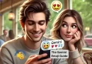 Un jeune homme à gauche envoie l'emoji Gémeaux à une jeune femme à droite, qui regarde son téléphone avec une expression curieuse et agréablement surprise.