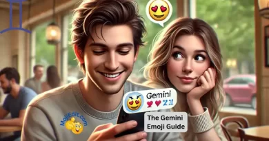 Un joven, a la izquierda, envía un mensaje de texto con el emoji de Géminis a una joven, a la derecha, que mira su teléfono con expresión curiosa y gratamente sorprendida.