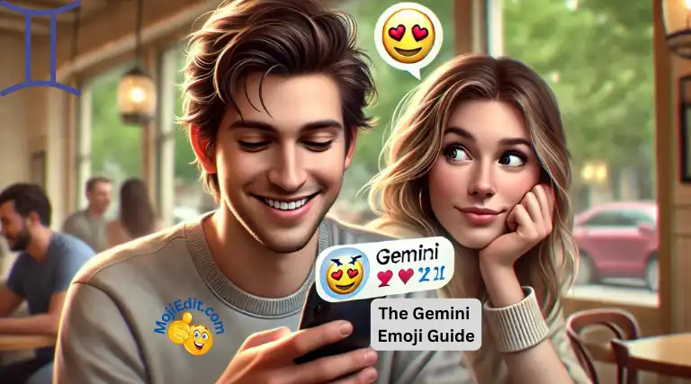 Un joven, a la izquierda, envía un mensaje de texto con el emoji de Géminis a una joven, a la derecha, que mira su teléfono con expresión curiosa y gratamente sorprendida.