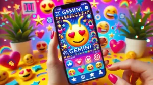 Social media post on a smartphone featuring the Gemini emoji with other emojis like stars, hearts, and speech bubbles.