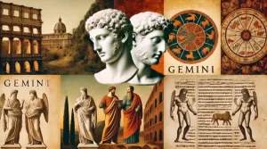 Montage featuring historical and artistic representations of Gemini, including ancient Greek sculptures, a medieval manuscript, and modern art.